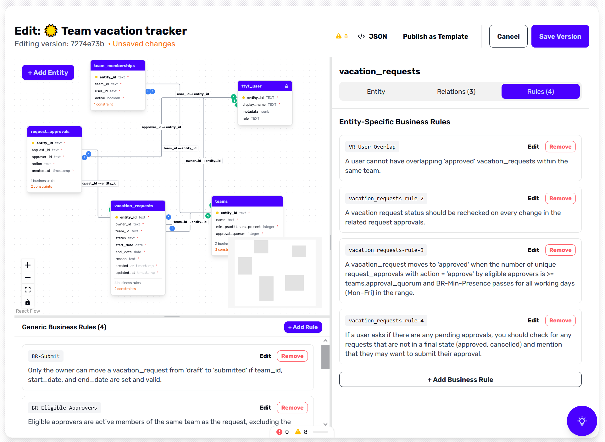 Screenshot of the TTYT builder IDE showing rule and table editing.